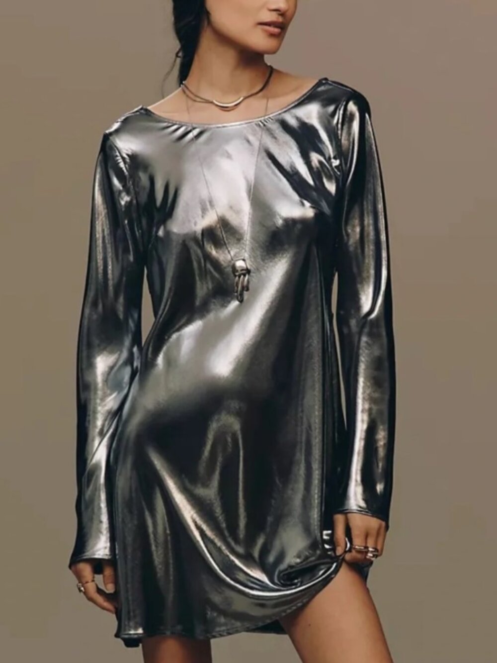 NWT Anthropologie Silver Metallic Long Sleeve Mini Dress